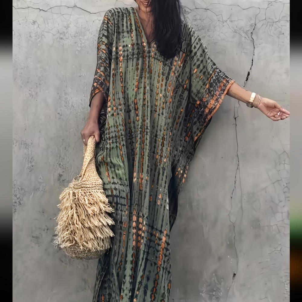Olive & Orange Pattered Kaftan Beach Cover Up One Size - Picture 2 of 5